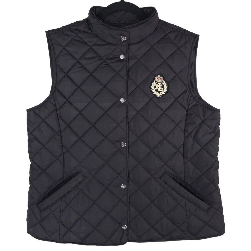 LAUREN RALPH LAUREN New Crest Patch Diamond‎ Quilted Vest Black LARGE